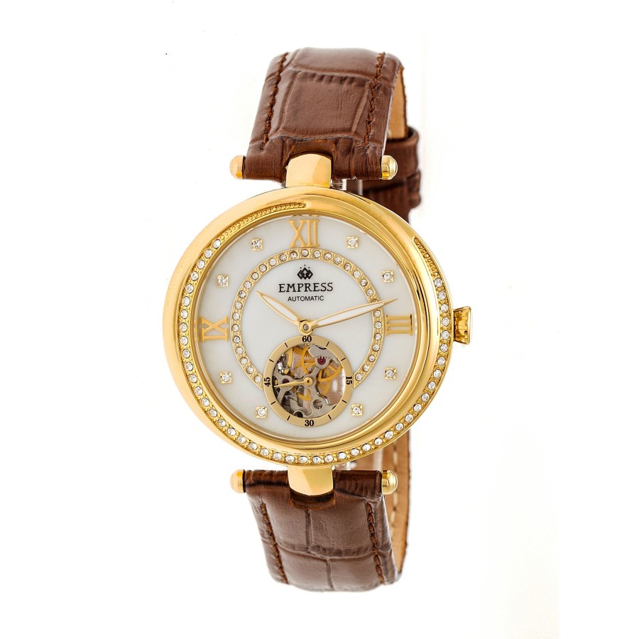 Women empress Watches | Empress - Stella Automatic Semi-Skeleton Mop Leather-Band Watch - Purple/White Medium Brown