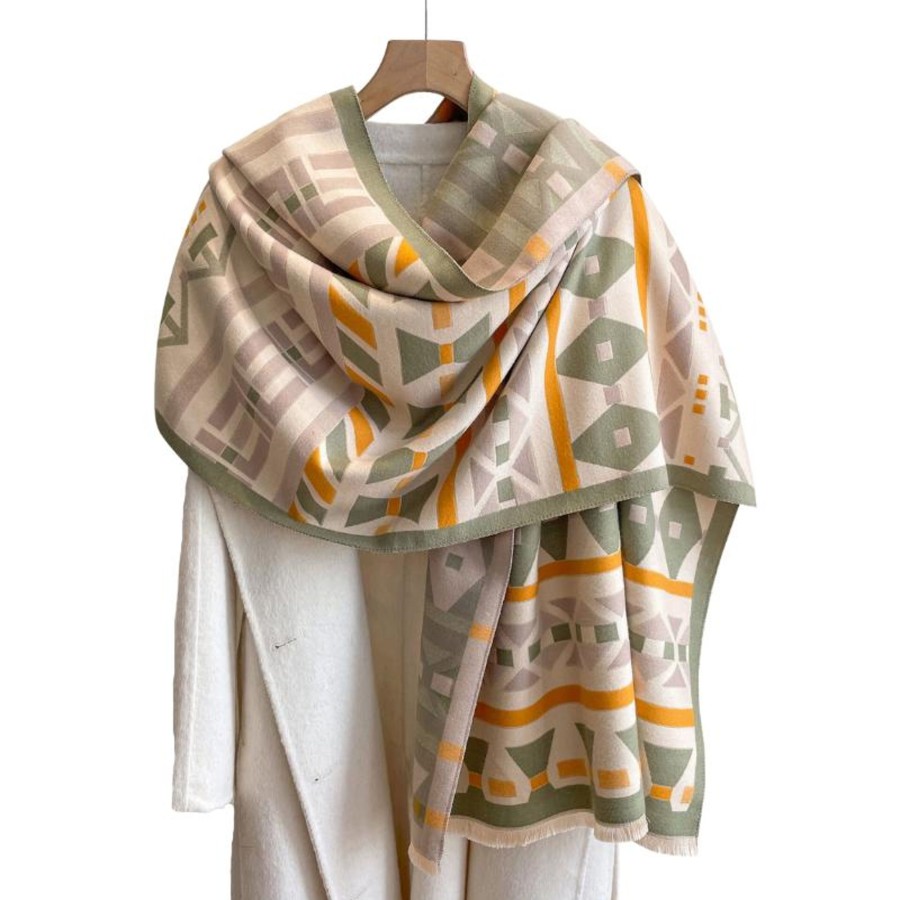 Women don't ask Hats, Gloves, & Scarves | Beige, Olive Green & Orange Geometric Patterned Scarf - Don'T Ask Multicolor