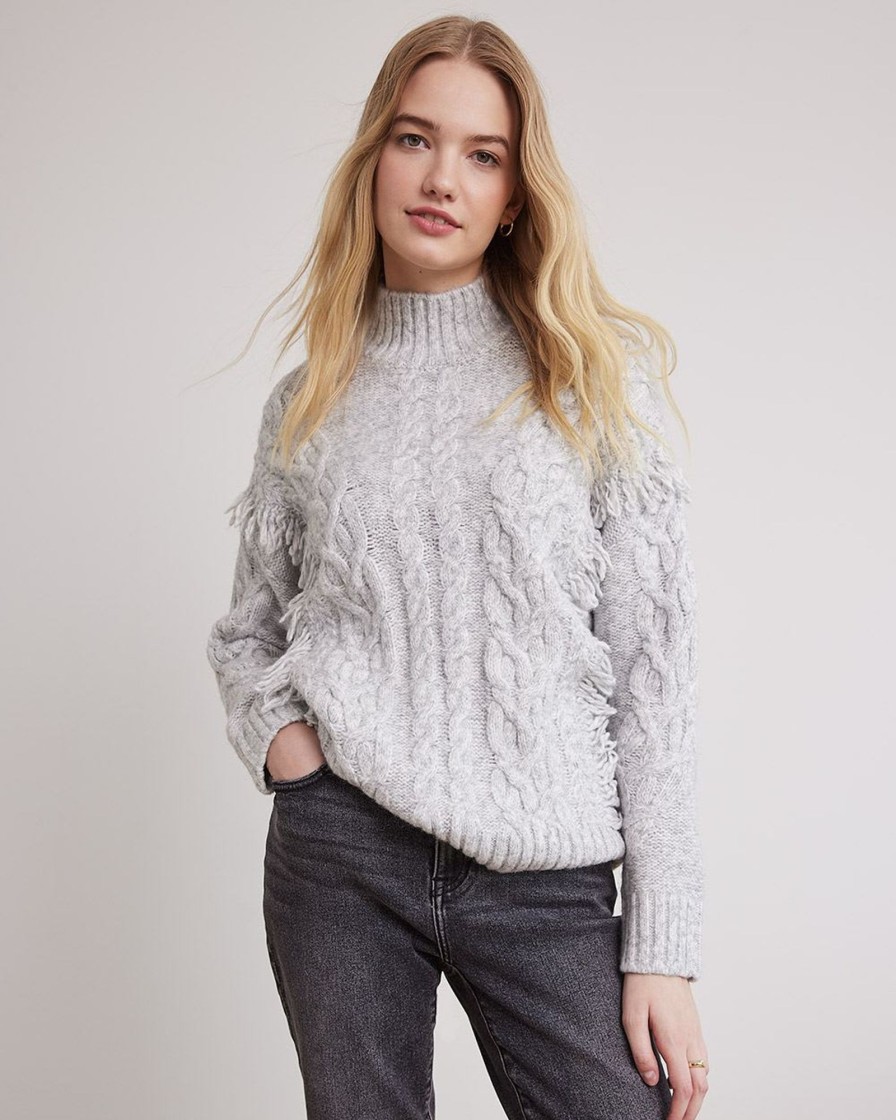 Women r.w. & co. Sweaters & Cardigans | Long-Sleeve Mock-Neck Sweater With Cable Stitches Light Grey Mix