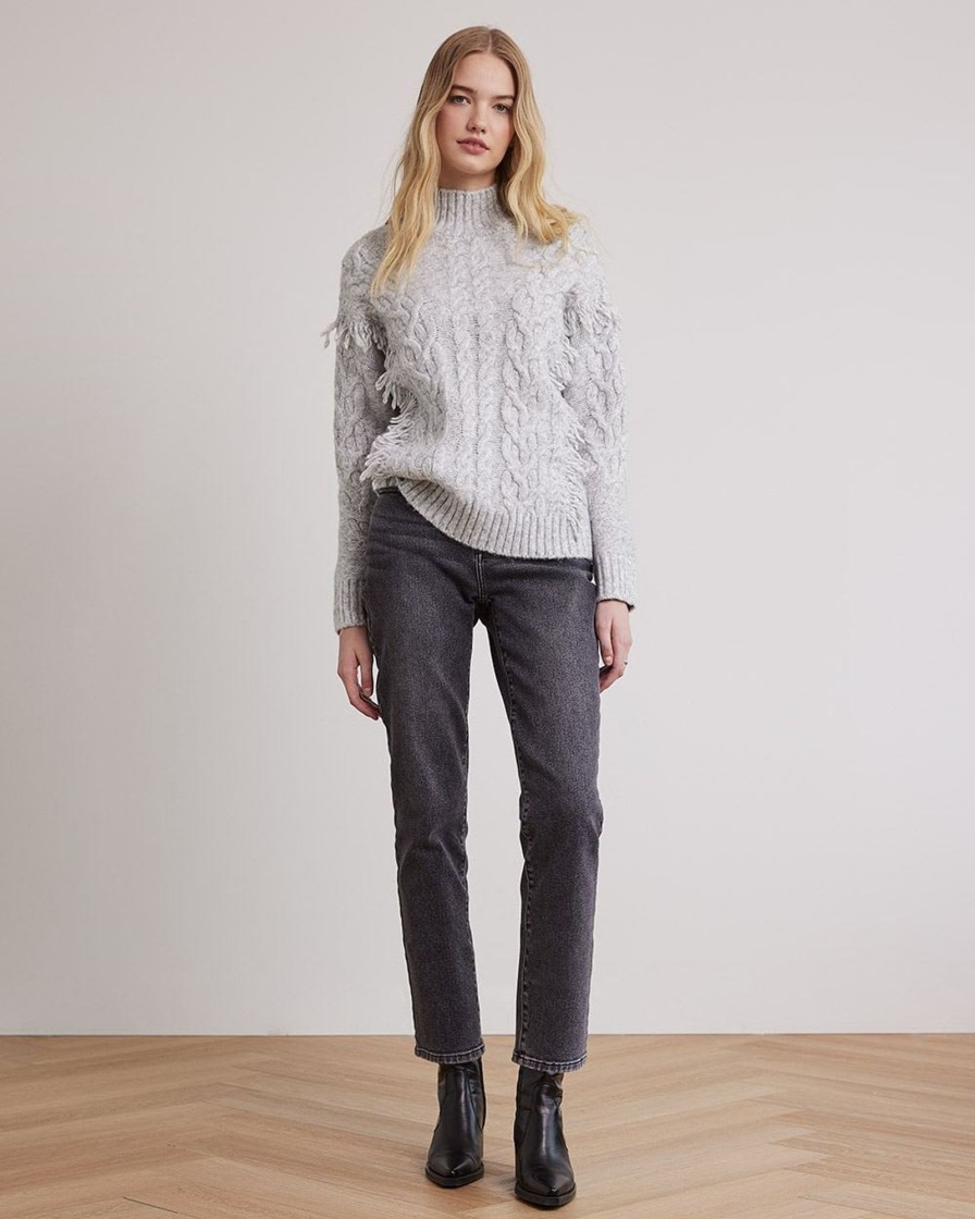 Women r.w. & co. Sweaters & Cardigans | Long-Sleeve Mock-Neck Sweater With Cable Stitches Light Grey Mix