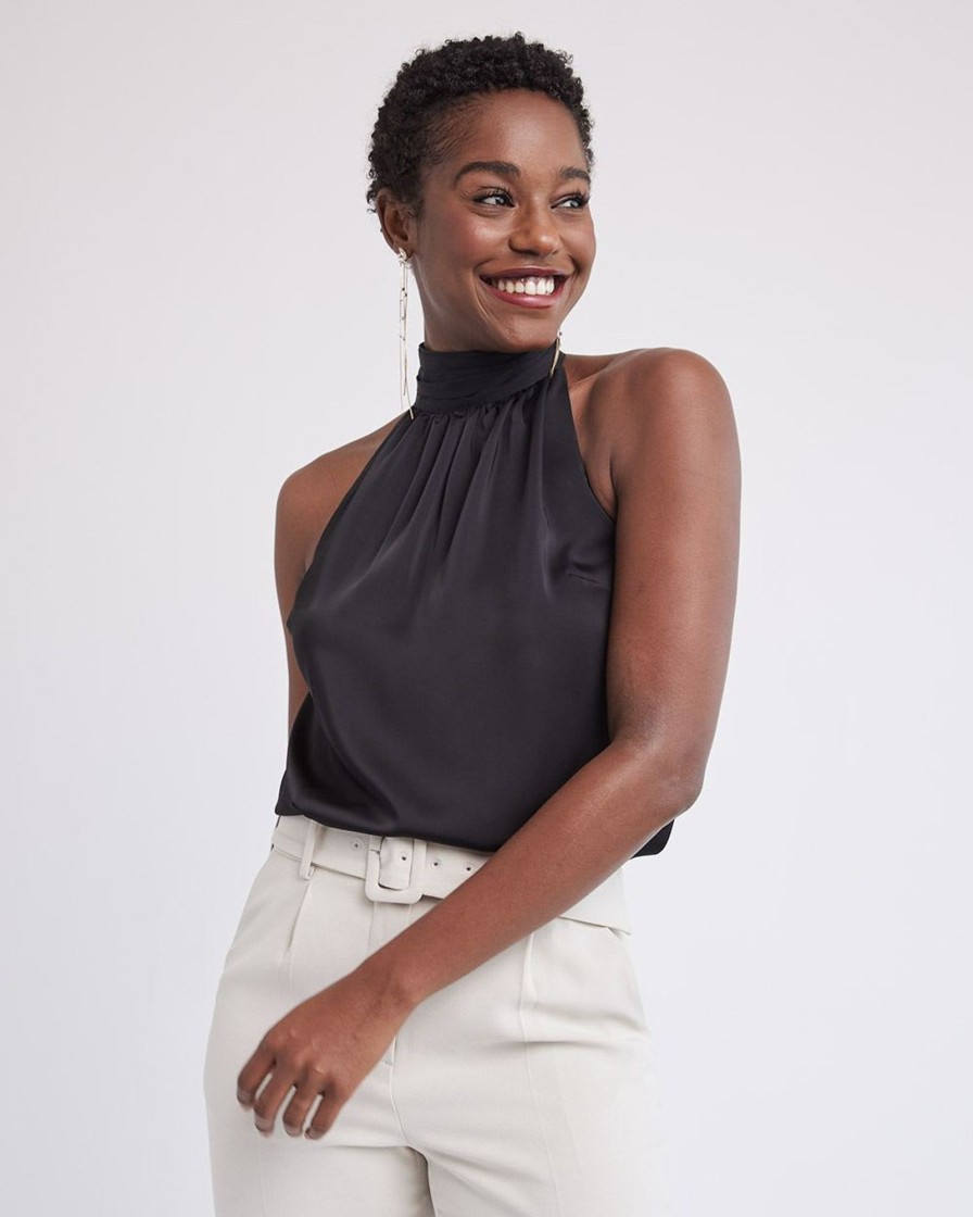 Women r.w. & co. Tops | Sleeveless Halter Satin Blouse Black