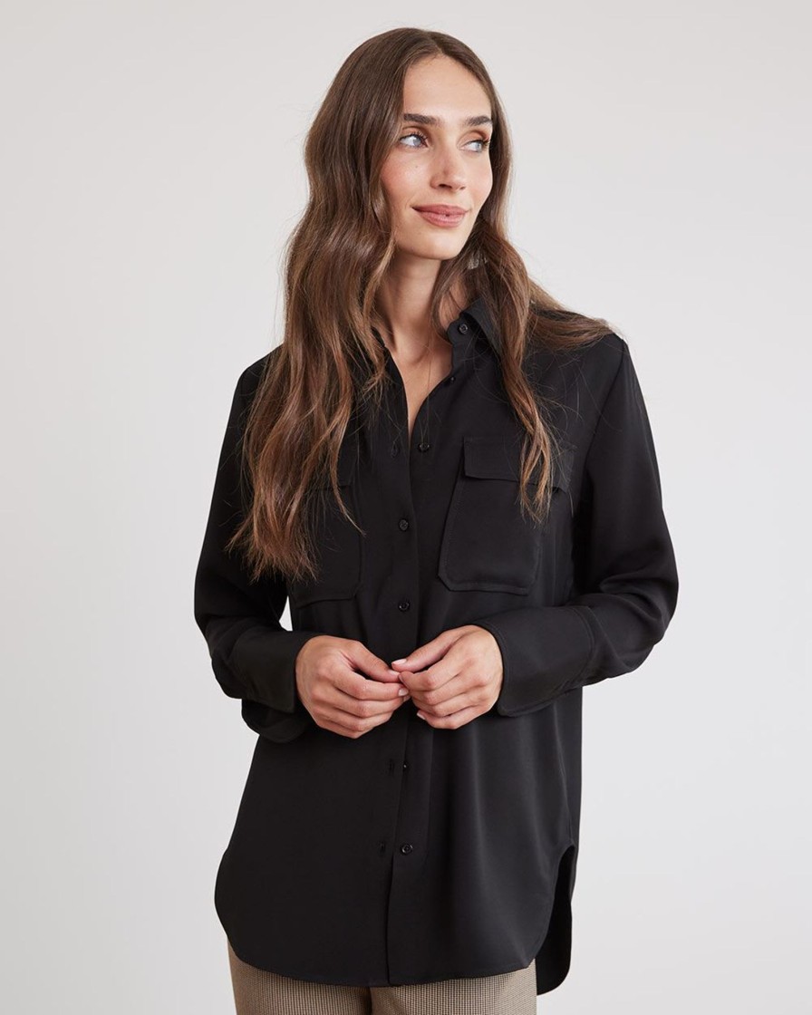 Women r.w. & co. Blouses & Shirts | Long-Sleeve Fluid Twill Buttoned-Down Tunic Black