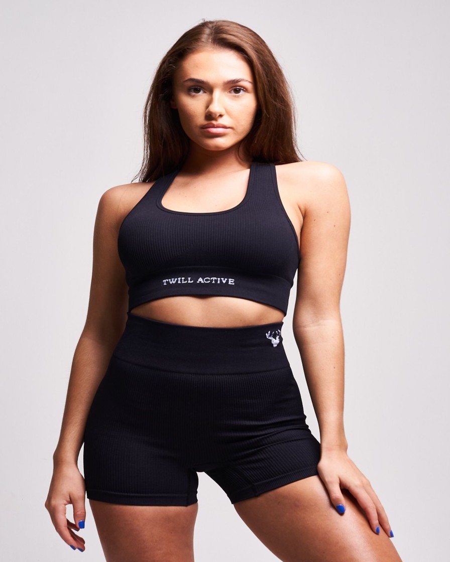 Women twill active Active Tops | Twill Active - Linea Recycled Rib Racer Sports Bra Black