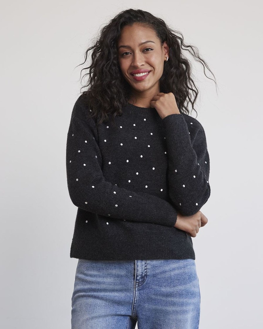 Women r.w. & co. Sweaters & Cardigans | Long-Sleeve Crew-Neck Sweater With Embroidered Pattern Slate Grey Mix