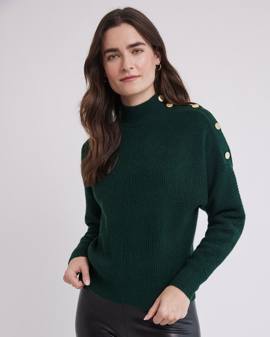 Women r.w. & co. Sweaters & Cardigans | Long-Sleeve Mock-Neck Sweater With Buttons At Shoulder Scarab