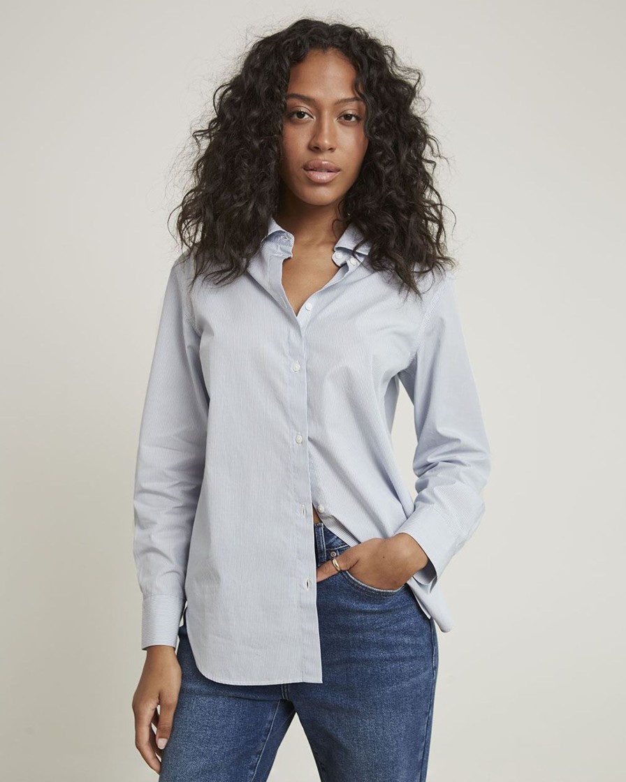 Women r.w. & co. Blouses & Shirts | Long-Sleeve Buttoned-Down Striped Poplin Blouse Grapemist Stripe Multi