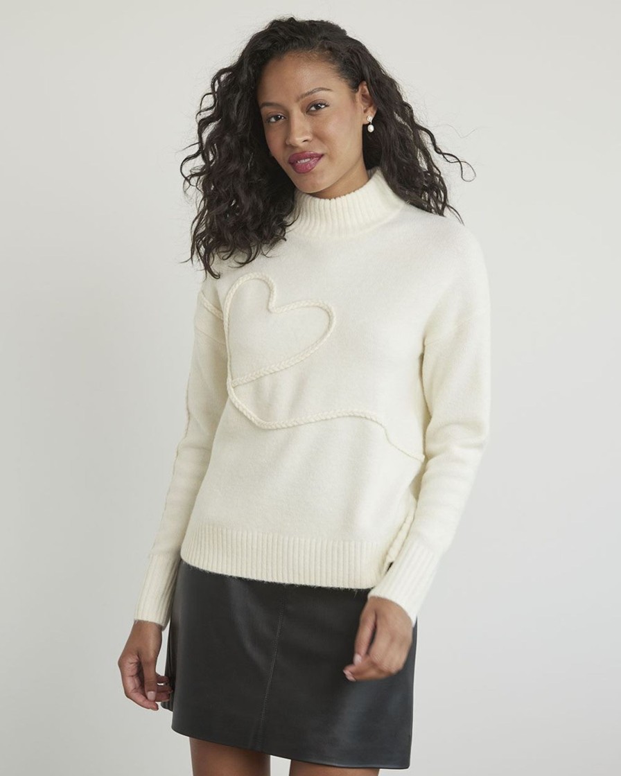 Women r.w. & co. Tops | Long-Sleeve Mock-Neck Sweater With Braided Heart Antique White