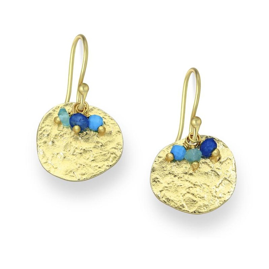 Women ag sterling Jewelry | 18K Tone Plated Sterling Silver Hammered Circular & Blue Mix Gemstone Cz Drop Earrings- Ag Sterling Gold