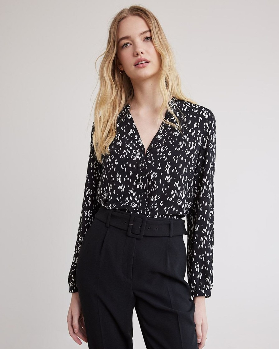 Women r.w. & co. Tops | Long-Sleeve Buttoned-Down Fluid Blouse With V Neckline Black And White Abstract Multi