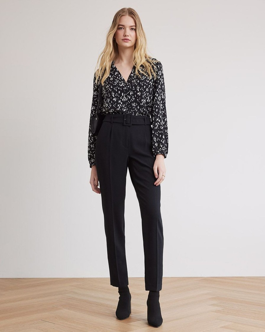 Women r.w. & co. Tops | Long-Sleeve Buttoned-Down Fluid Blouse With V Neckline Black And White Abstract Multi