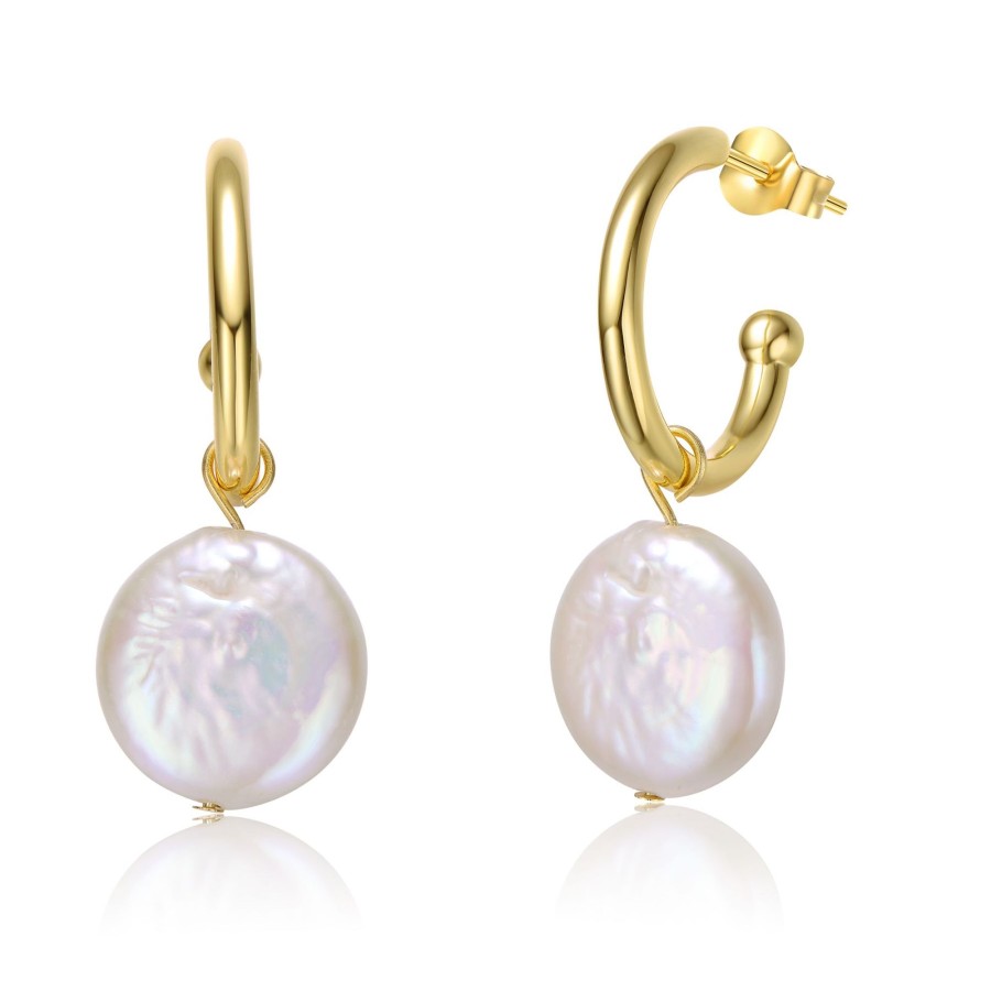 Women genevive Jewelry | Sterling Silver 14K Yellow Plated With White Coin Pearl Drop C-Hoop Earrings Gold