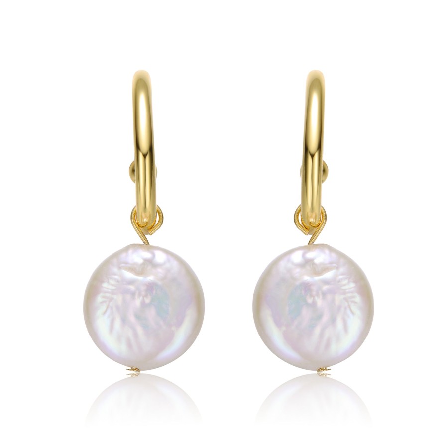 Women genevive Jewelry | Sterling Silver 14K Yellow Plated With White Coin Pearl Drop C-Hoop Earrings Gold