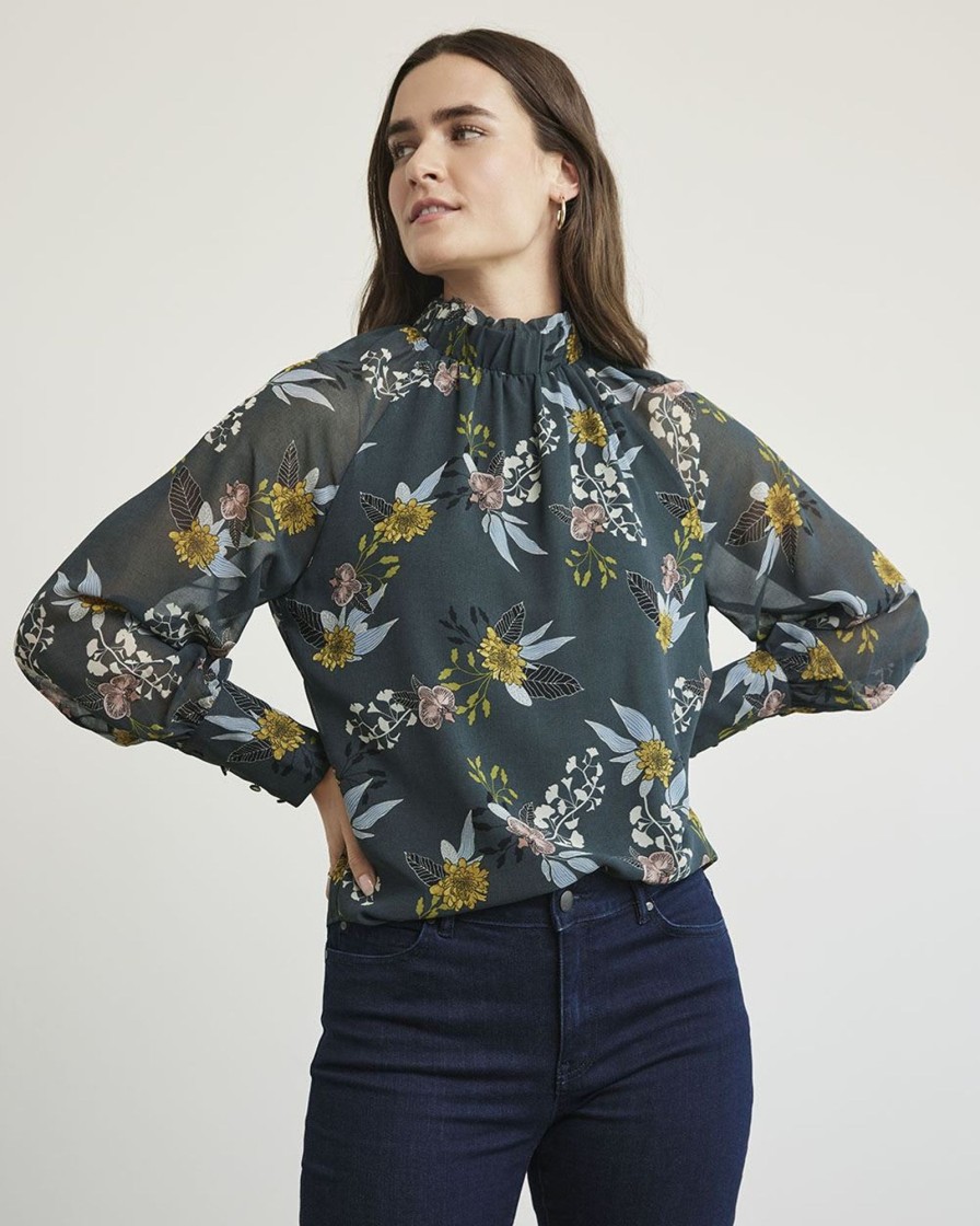 Women r.w. & co. Blouses & Shirts | Mock-Neck Popover Blouse With Long Balloon Sleeves Forest River Floral Multi