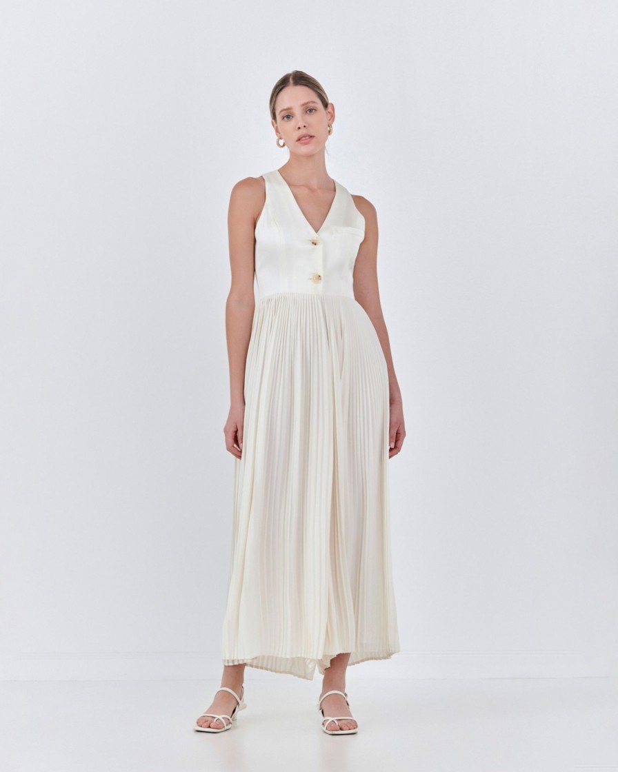 Women endless rose Dresses & Jumpsuits | Endless Rose- Mixed Media Vest Pleated Jumpsuit Light Beige