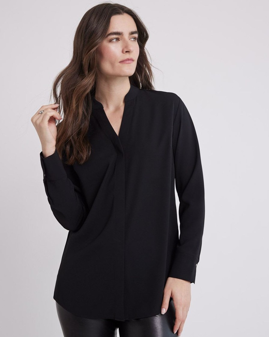 Women r.w. & co. Tops | Long-Sleeve V-Neck Crepe Popover Blouse Black