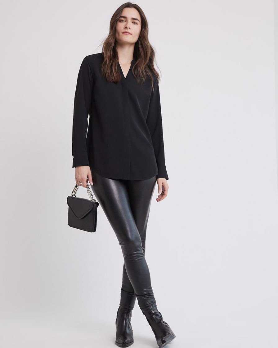 Women r.w. & co. Tops | Long-Sleeve V-Neck Crepe Popover Blouse Black