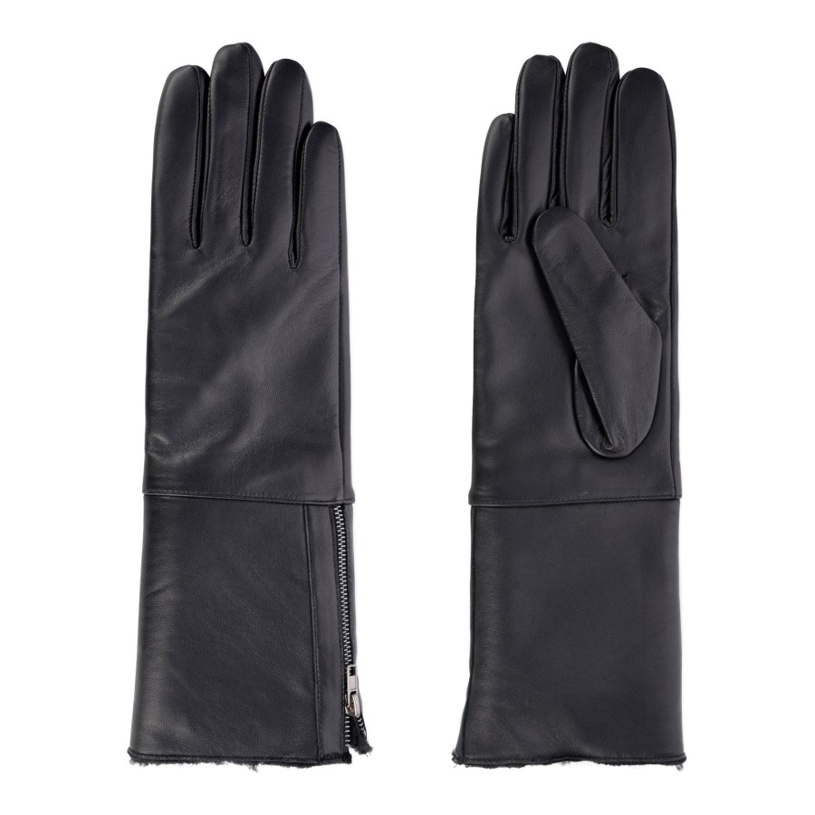 Women club rochelier Hats, Gloves, & Scarves | Cr Ladies - Long Leather Glove With Foldover Cuff Black