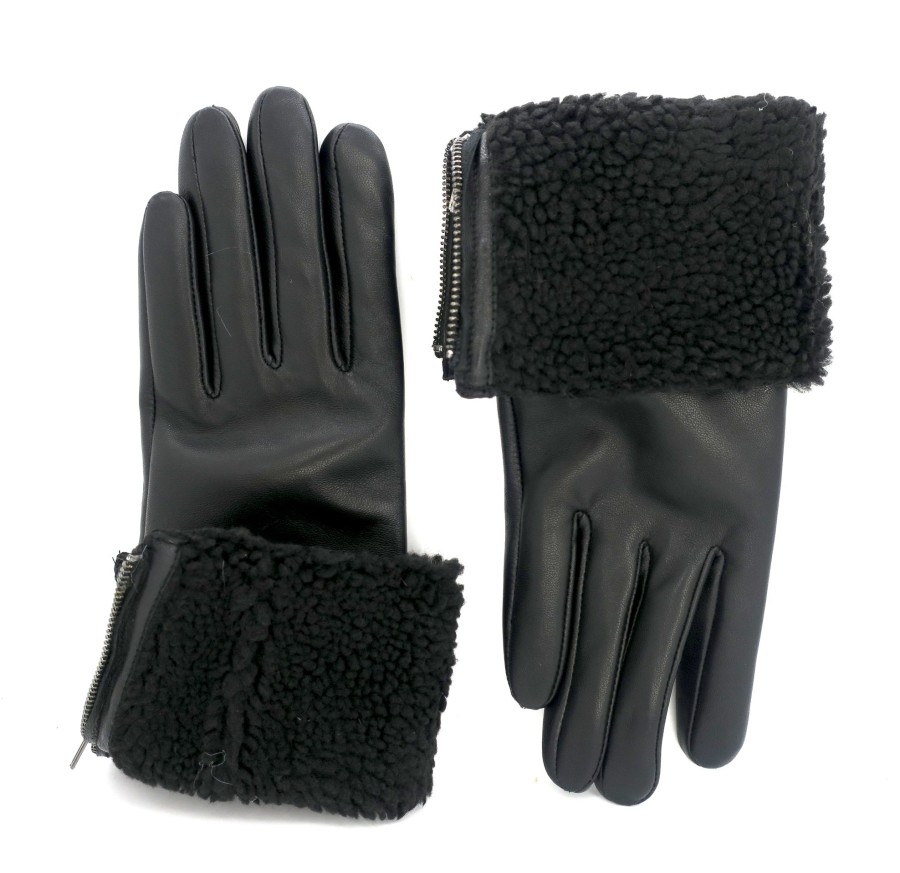 Women club rochelier Hats, Gloves, & Scarves | Cr Ladies - Long Leather Glove With Foldover Cuff Black