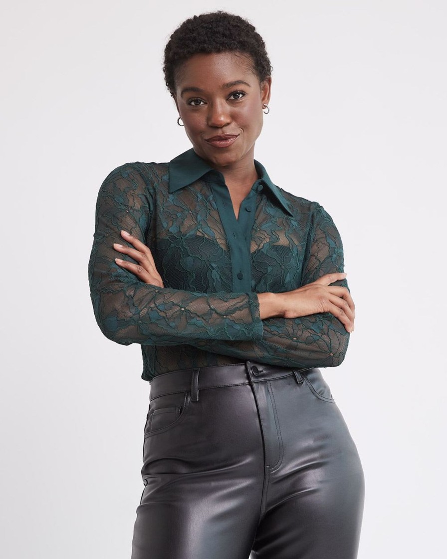 Women r.w. & co. Blouses & Shirts | Long-Sleeve Buttoned-Down Lace Blouse Green Gables