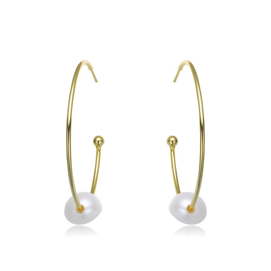 Women genevive Jewelry | Stylish Sterling Silver With 14K Yellow Plating And Genuine Freshwater Pearl Hoop Earrings Gold