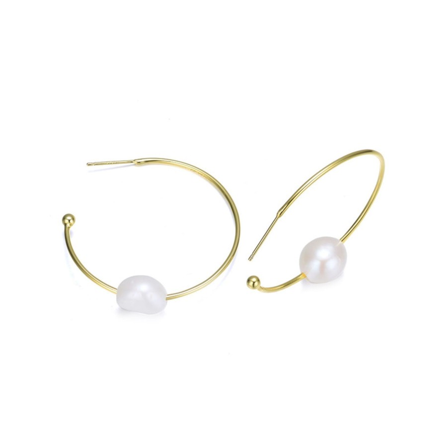 Women genevive Jewelry | Stylish Sterling Silver With 14K Yellow Plating And Genuine Freshwater Pearl Hoop Earrings Gold