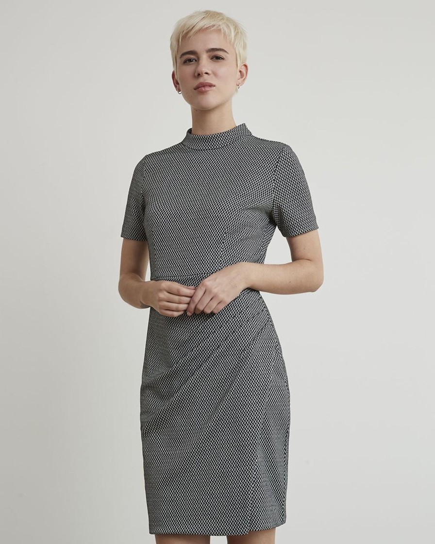 Women r.w. & co. Dresses & Jumpsuits | Short-Sleeve Herringbone Dress With Wrap Skirt Black Multi