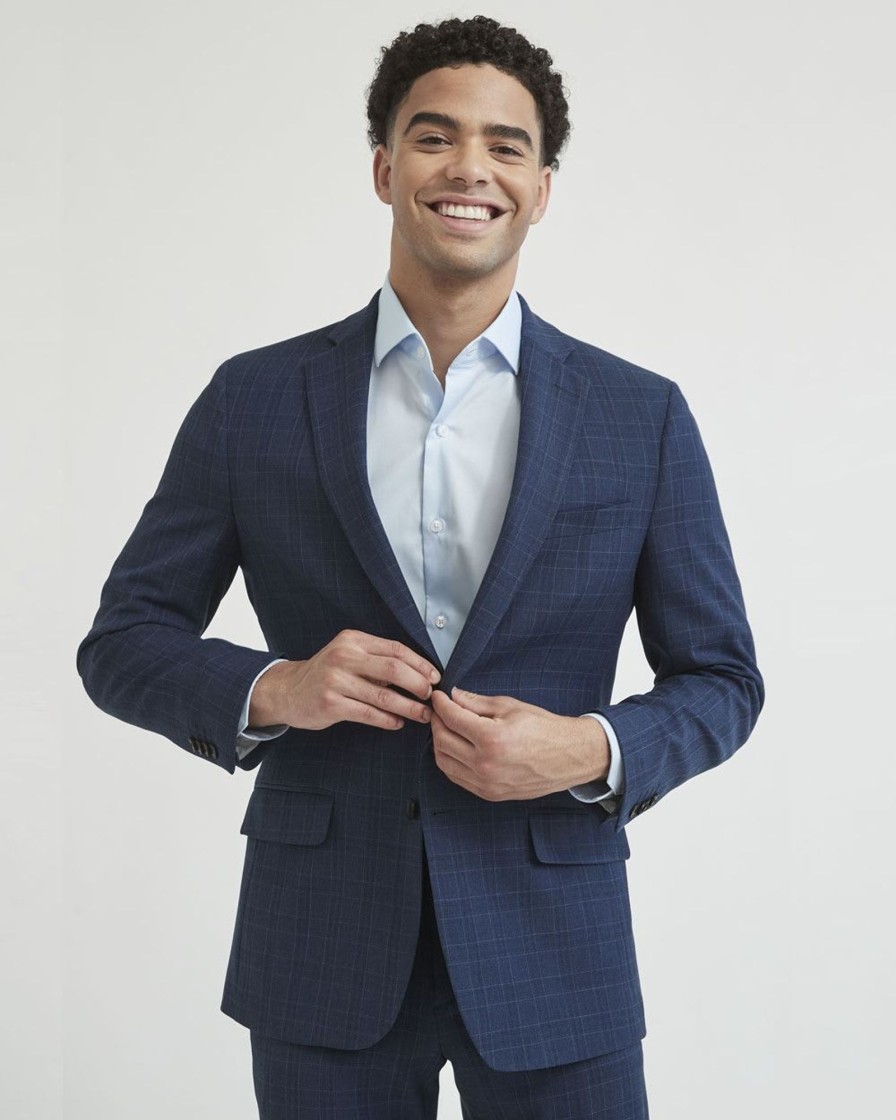 Men r.w. & co. Blazers | Regular Fit Stretch Blue Checkered Suit Blazer Estate Blue