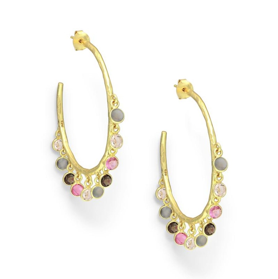 Women ag sterling Jewelry | 18K Tone Plated Sterling Silver Pink & Grey Cz Mix Clustered Hoop Earrings- Ag Sterling Gold