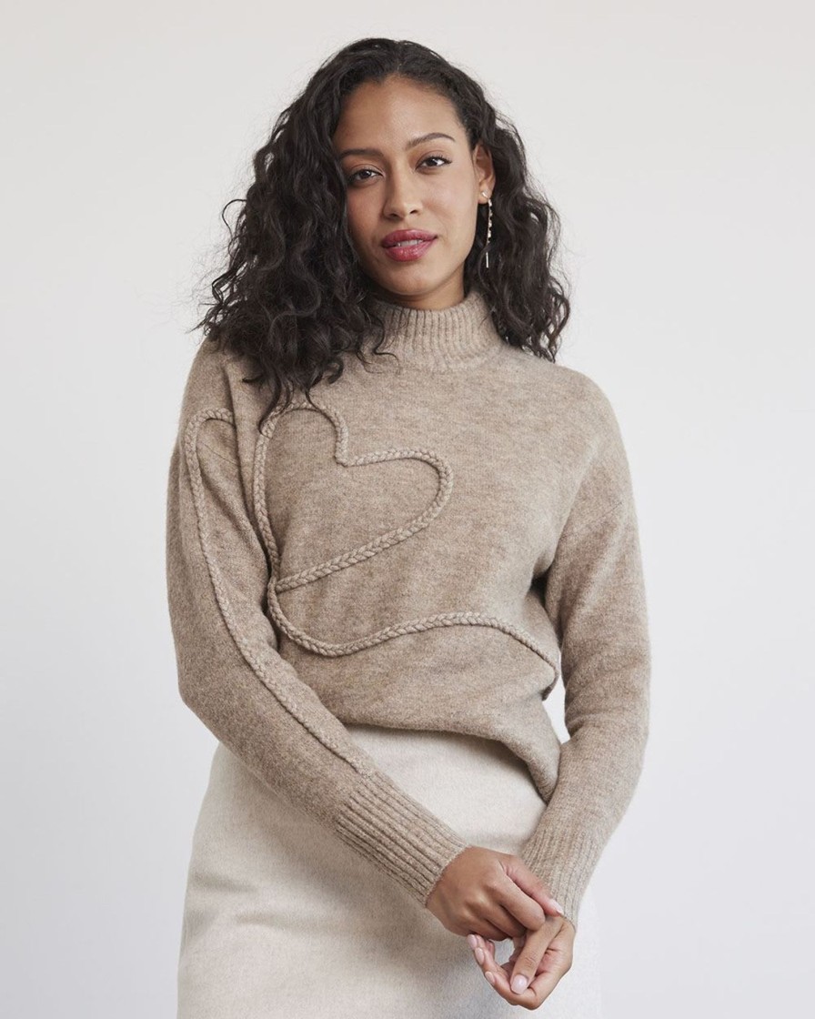 Women r.w. & co. Tops | Long-Sleeve Mock-Neck Sweater With Braided Heart Dark Beige Mix - Sw