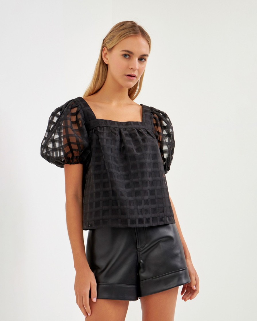 Women english factory Blouses & Shirts | English Factory- Organza Gridded Square Neck Crop Top Black