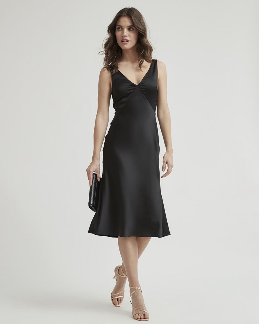 Women r.w. & co. Dresses & Jumpsuits | Satin A-Line Cocktail Dress With V Neckline Black