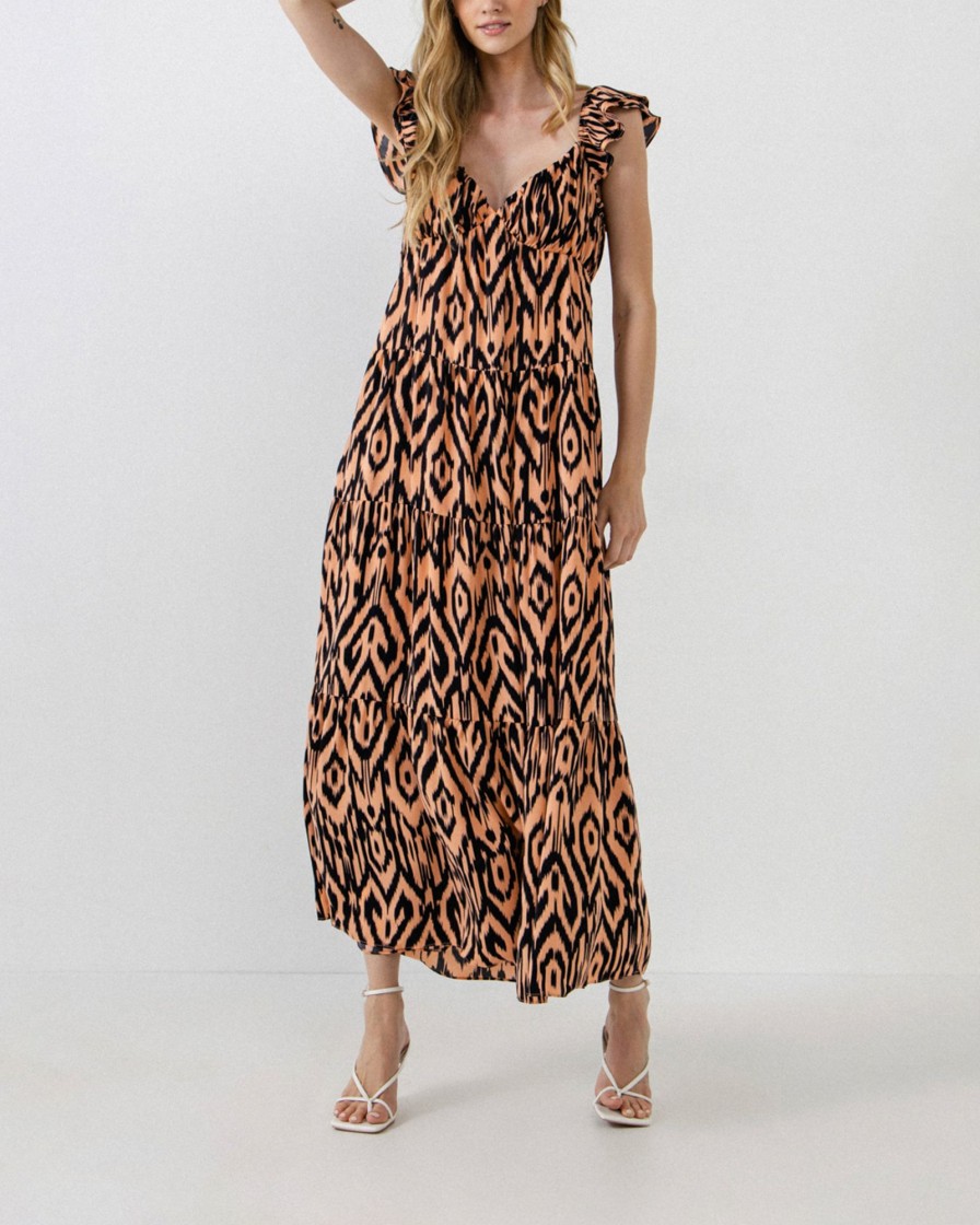 Women english factory Dresses & Jumpsuits | English Factory- Tiger Print Ruffle Sleeve Maxi Dress Medium Orange