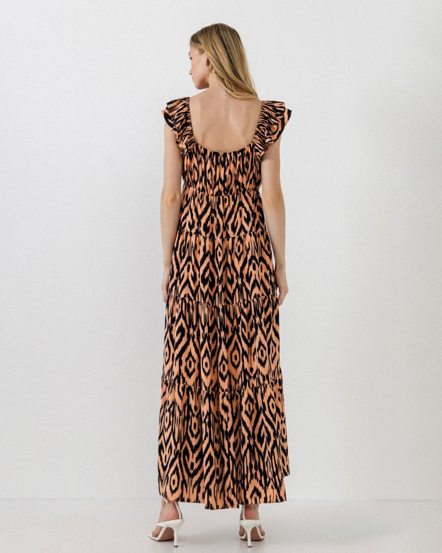 Women english factory Dresses & Jumpsuits | English Factory- Tiger Print Ruffle Sleeve Maxi Dress Medium Orange