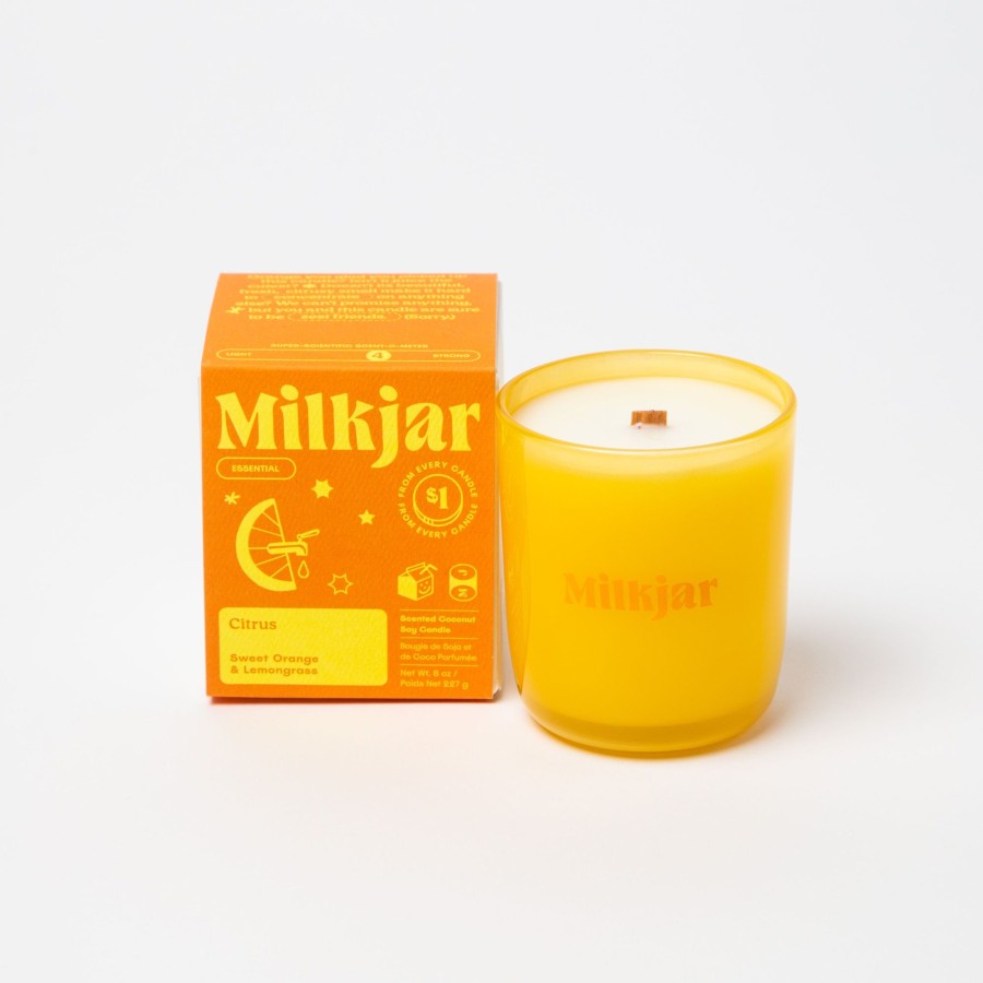 Home milk jar | Milk Jar Citrus Essential Oil Candle | Sweet Orange & Lemongrass 8Oz Medium Yellow