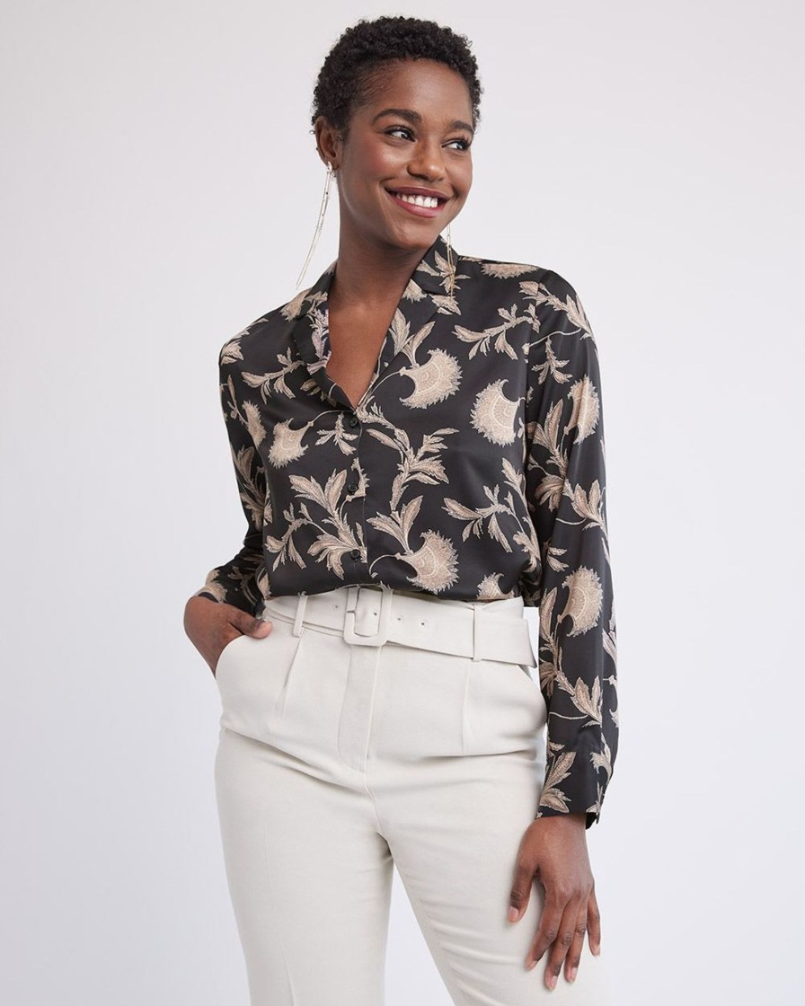 Women r.w. & co. Tops | Long-Sleeve Buttoned-Down Satin Blouse Rugby Tan Abstract Floral Multi