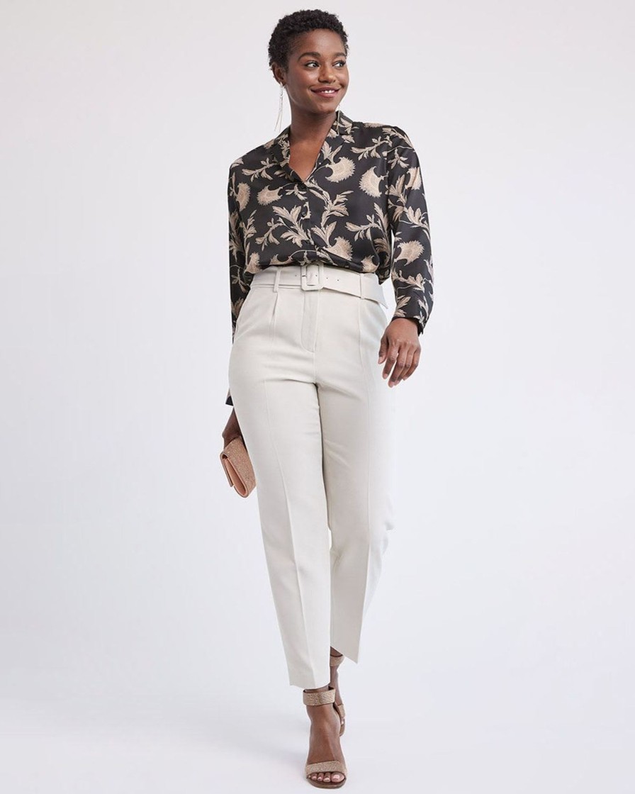 Women r.w. & co. Tops | Long-Sleeve Buttoned-Down Satin Blouse Rugby Tan Abstract Floral Multi