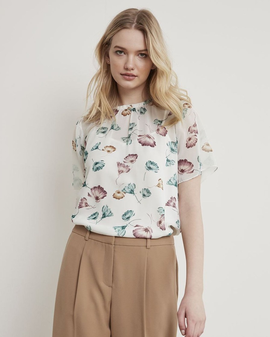 Women r.w. & co. Blouses & Shirts | Short-Sleeve Chiffon Blouse With Removable Lining Coconut Milk Multi