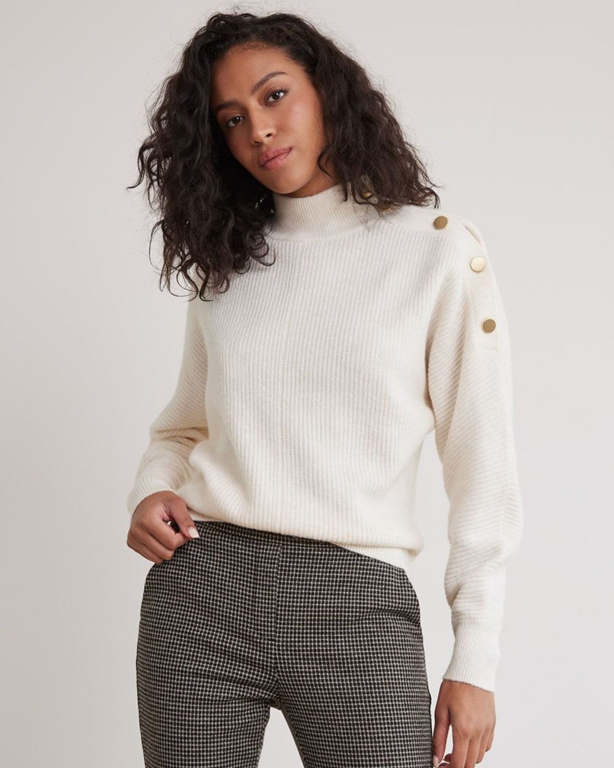 Women r.w. & co. Sweaters & Cardigans | Long-Sleeve Mock-Neck Sweater With Buttons At Shoulder Off White Mix