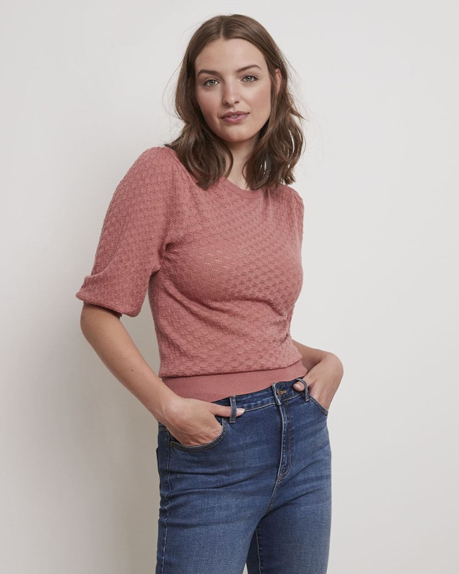 Women r.w. & co. Sweaters & Cardigans | 3/4-Sleeve Pointelle Sweater With Cut-Out At Back Light Mahogany