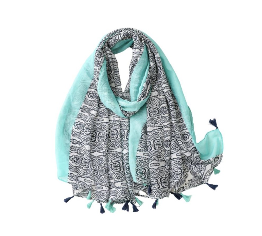 Women don't ask Hats, Gloves, & Scarves | Turquoise And Blue Paisley Scarf With Tassels - Don'T Ask Light Blue