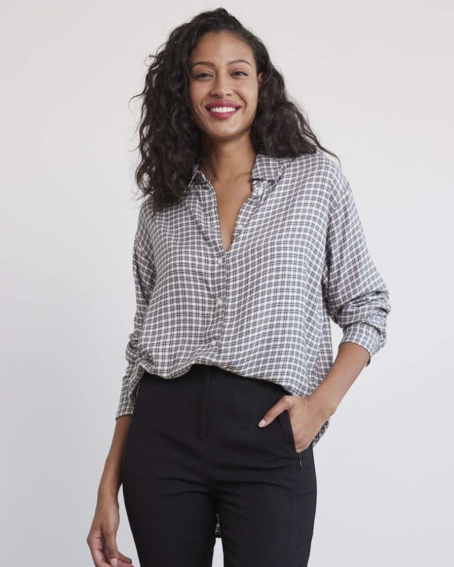 Women r.w. & co. Tops | Long-Sleeve Buttoned-Down Twill Blouse Antique White Plaid Multi.