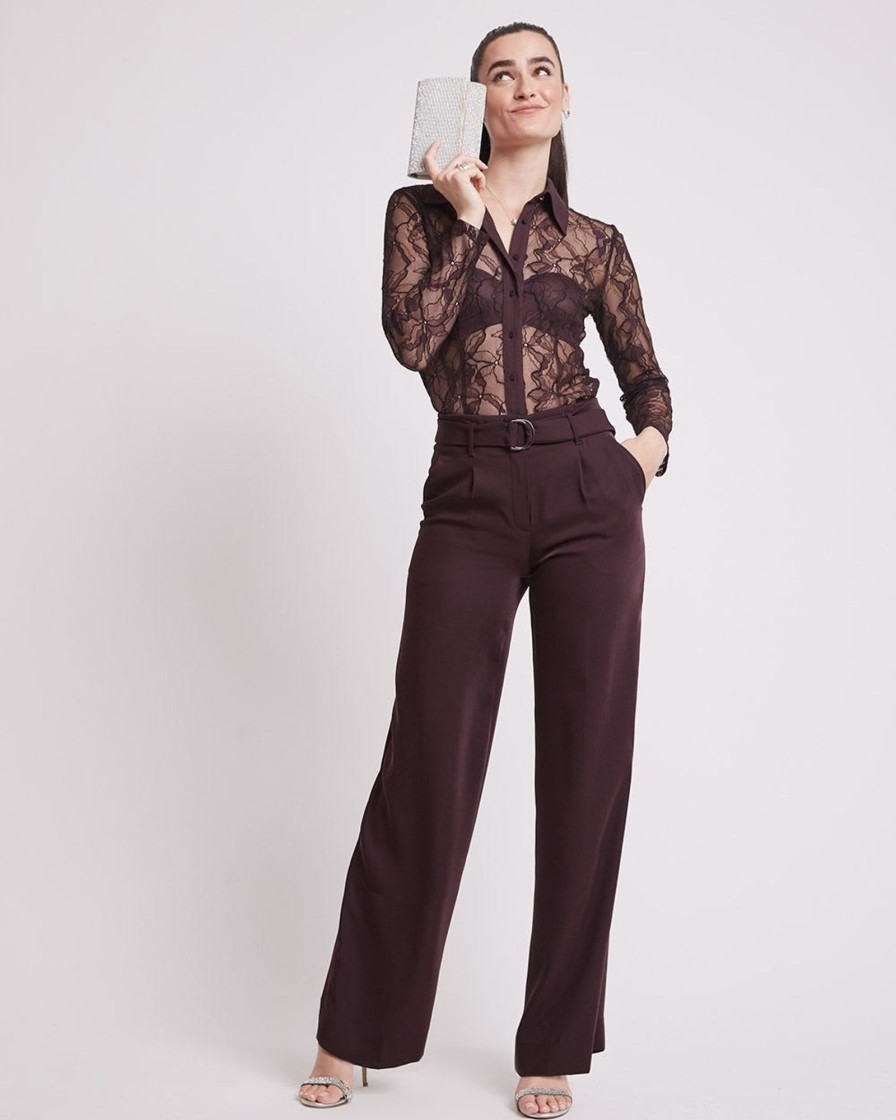 Women r.w. & co. Blouses & Shirts | Long-Sleeve Buttoned-Down Lace Blouse Vineyard Wine