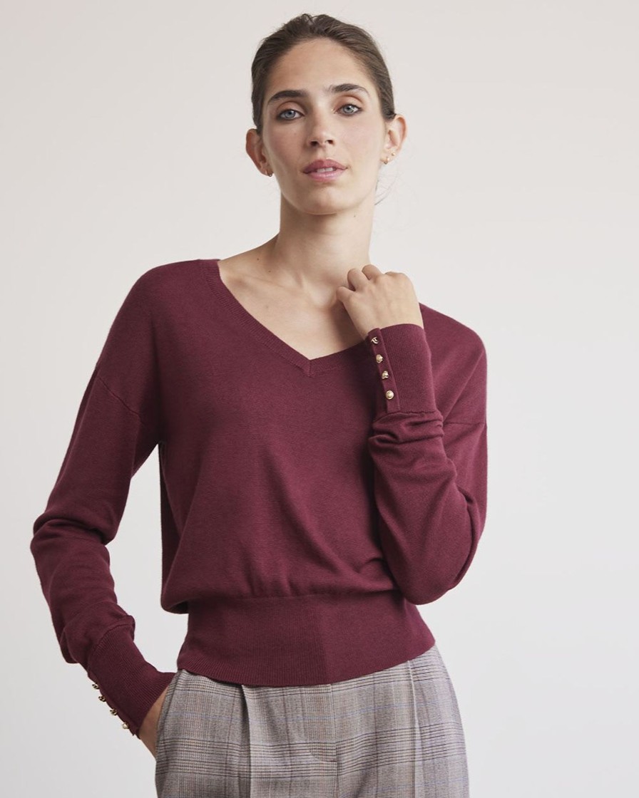 Women r.w. & co. Sweaters & Cardigans | Long-Sleeve V-Neck Sweater Bordeaux