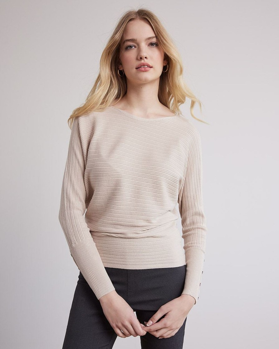 Women r.w. & co. Sweaters & Cardigans | Long-Batwing-Sleeve Classic Sweater With Boat Neckline Essential Beige