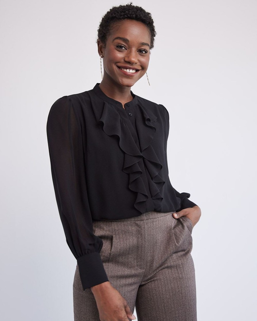 Women r.w. & co. Tops | Long-Sleeve Buttoned-Down Jabot Blouse Black