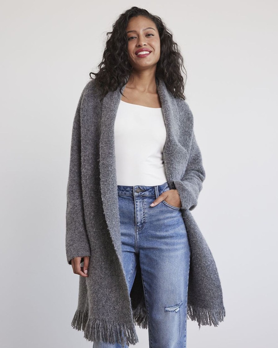 Women r.w. & co. Sweaters & Cardigans | Long Open Cardigan With Fringe Medium Grey Mix - Sw