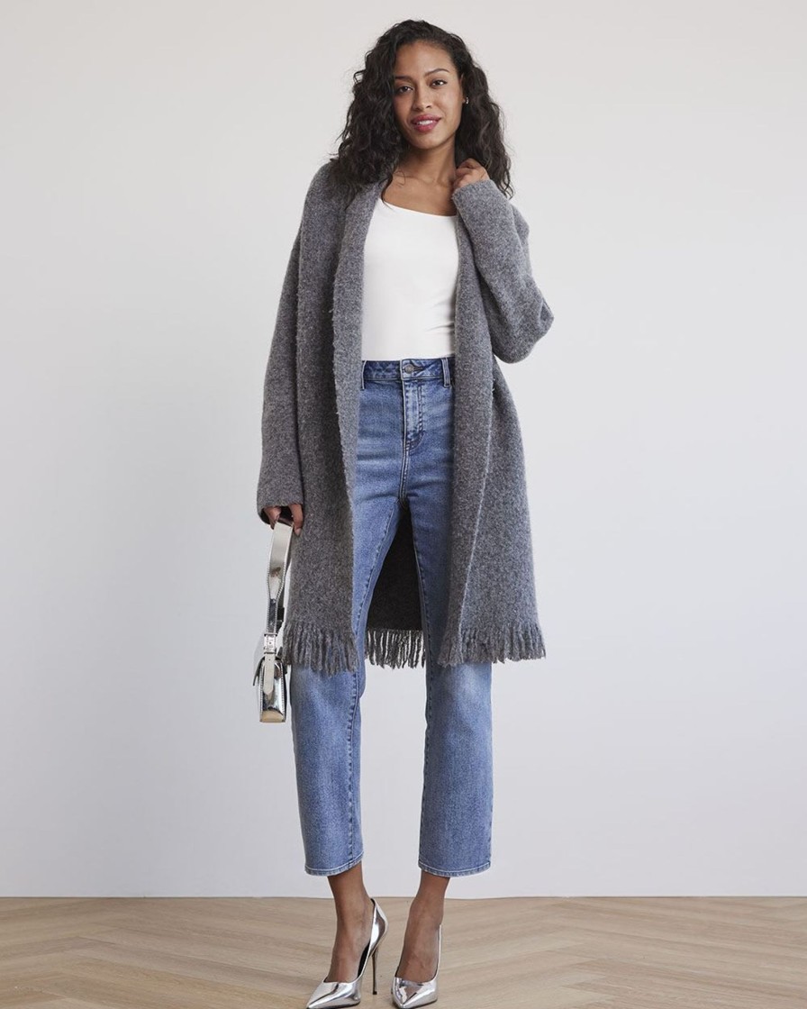 Women r.w. & co. Sweaters & Cardigans | Long Open Cardigan With Fringe Medium Grey Mix - Sw