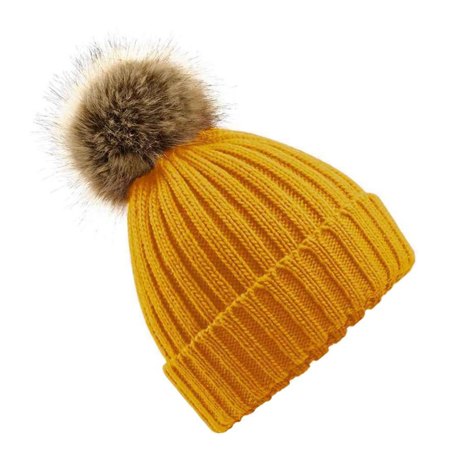 Men beechfield Scarves, Gloves & Hats | Beechfield - Unisex Fur Pop Pom Chunky Beanie Medium Yellow