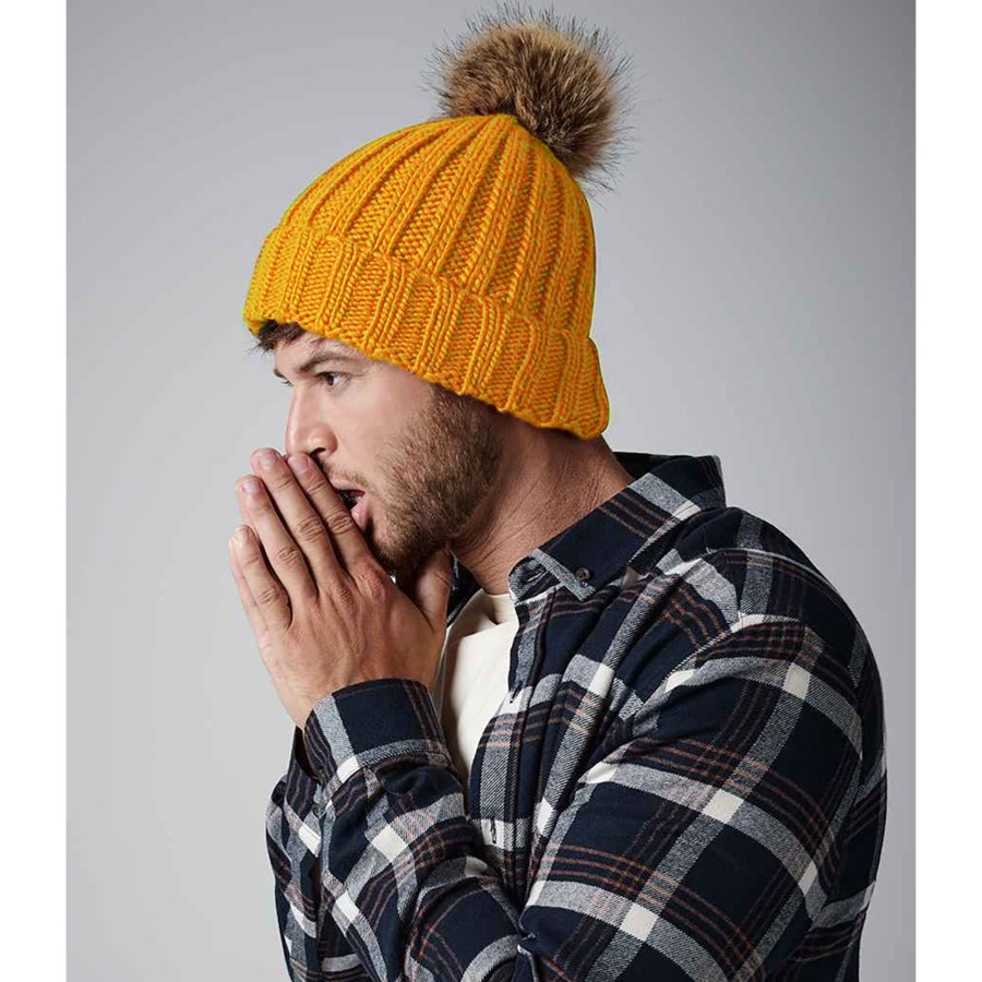 Men beechfield Scarves, Gloves & Hats | Beechfield - Unisex Fur Pop Pom Chunky Beanie Medium Yellow