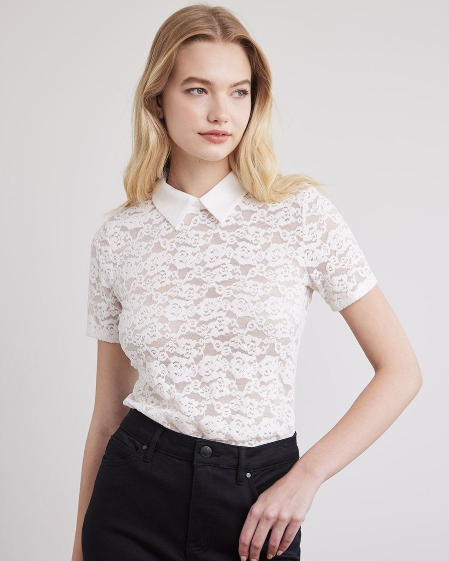 Women r.w. & co. Tops | Short-Sleeve Lace Blouse With Shirt Collar Snow White